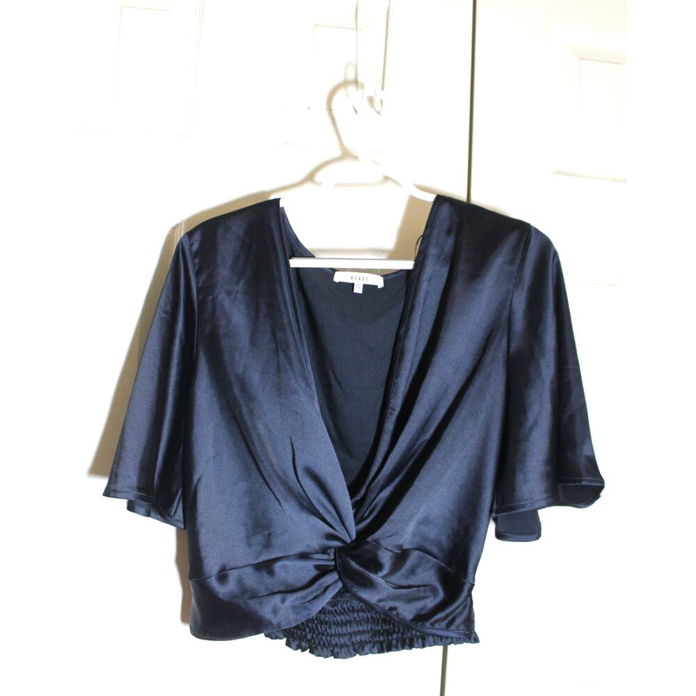 RO & DE Navy Blue Satin Twist Front Cropped Blouse sz S
